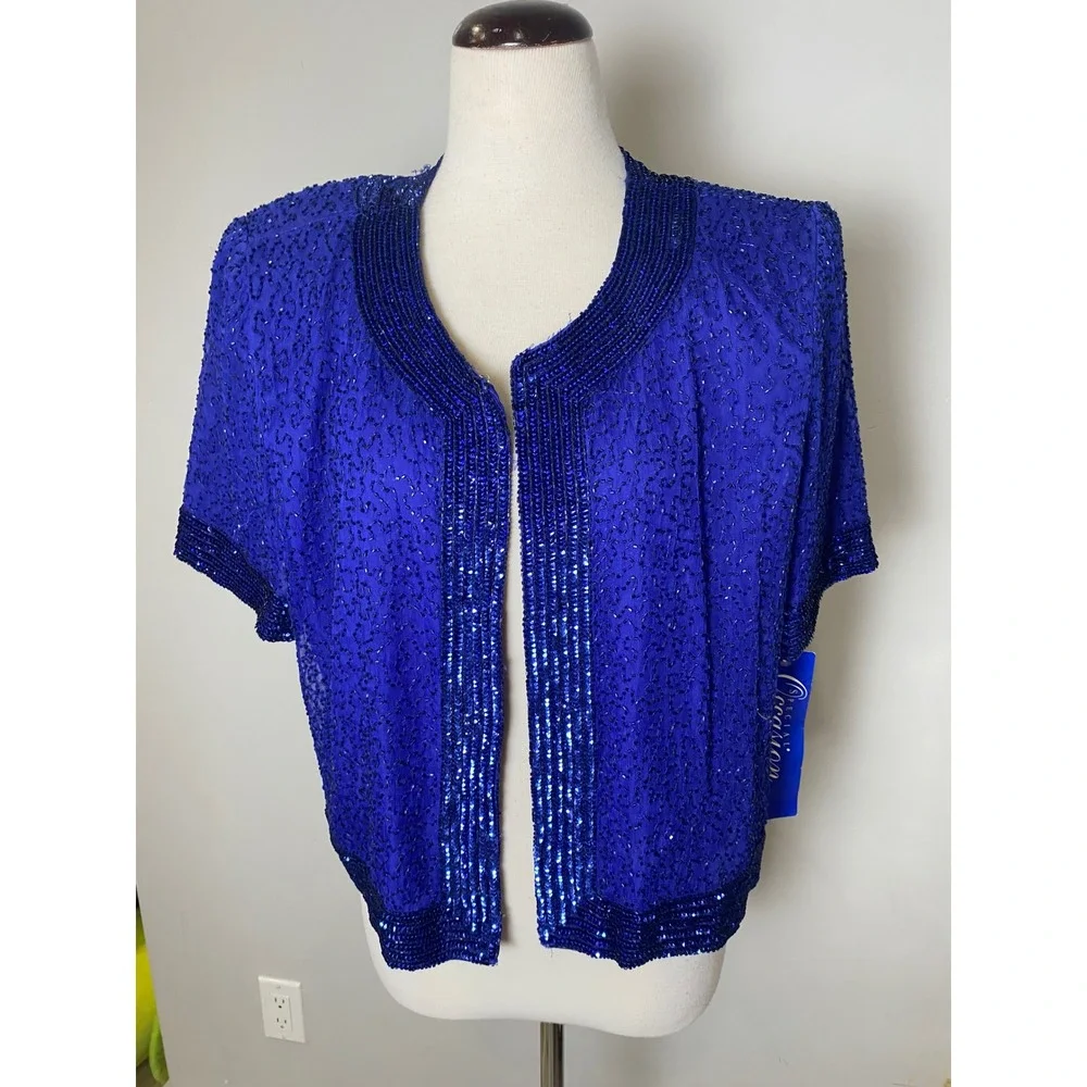 Vintage Special Occasion Royal Blue Beaded Sequin Evening Bolero Jacket NWT 90s